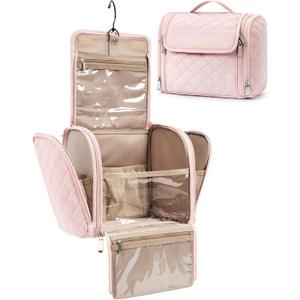 BAGSMART Makeup Bag for Women with Hanging Hook, Large Portable Capacity Water-resistant Organizer Travel Case for Toiletries and Cosmetics, Pink