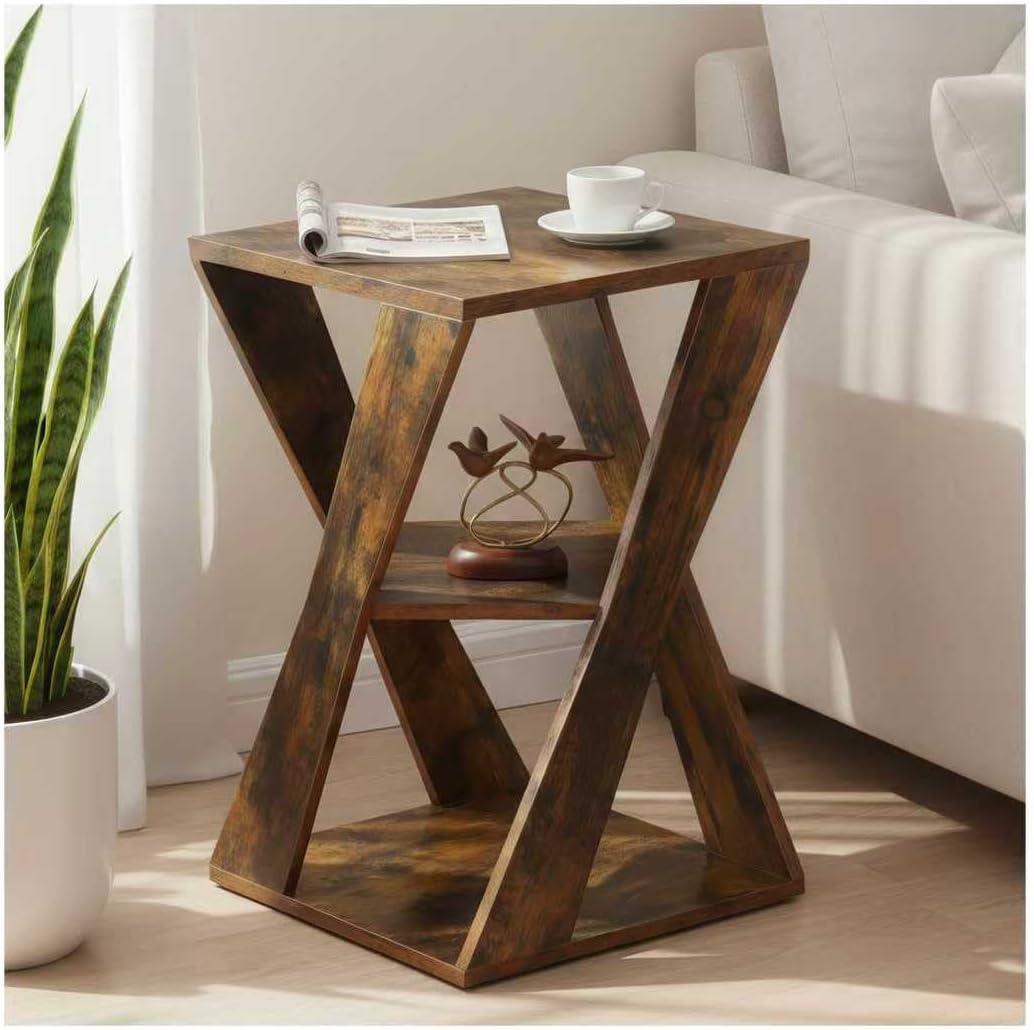 End Table, Modern Wooden Side Table for Small Spaces, Small End Table for Living Room, Bedroom Nightstand（Rustic Brown+ Classic Black）, 15.75" x 15.75" x 25.2"