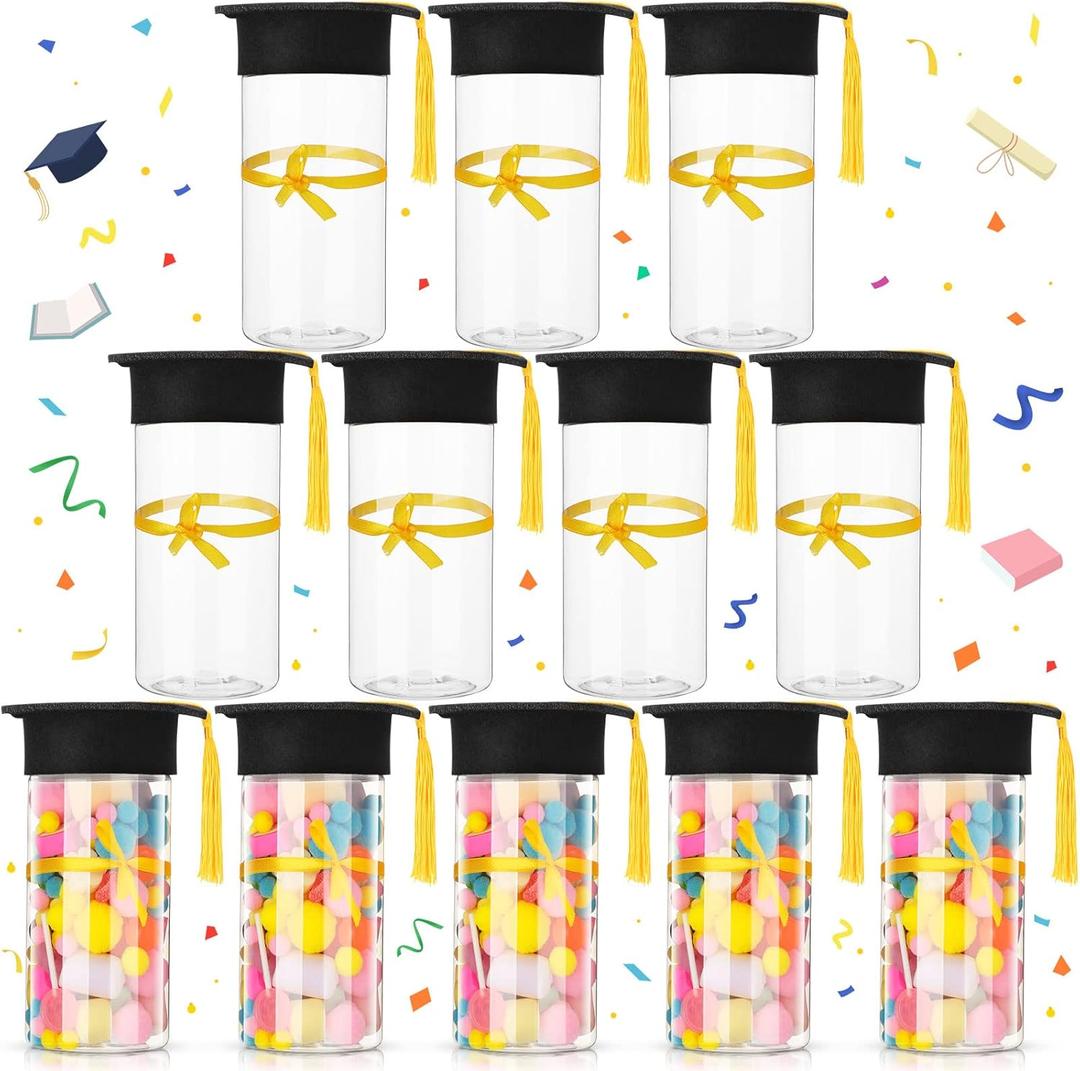 36 Pcs Graduation Party Supplies Graduation Cap Candy Jars Set for Kindergarten Cute Plastic Container with Gold Tassel and Bow Fillable Candy Jar for Craft DIY Gifts Congrats Graduate Party Favor