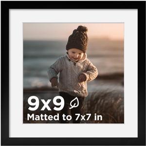 KINLINK 9x9 Picture Frame Black, Wooden Square Photo Frame Matted 7x7 with Plexiglass for 7x7 with Mat or 9x9 without Mat for Table and Wall Display