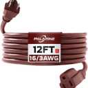 12ft Brown Outdoor Extension Cord Waterproof, UL Listed, 16/3 SJTW Heavy Duty 3 Prong, 16 Gauge 13A Power Cord Ideal for Indoor Outdoor Lights, Appliances, and Lawn