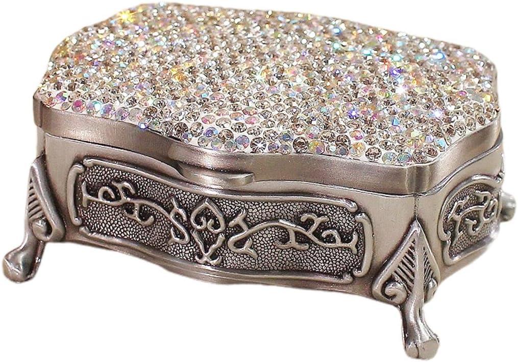 Luxury Crystal Metal Vintage Decorative Jewelry Box  Rhinestone Elegant Alloy Jewelry Case Organizer Holder Storage for Earrings, Bracelets, and Accessories (Silver)