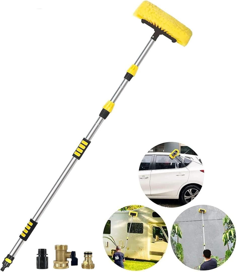Buyplus 5-12 Foot (20 ft Reach) Car Wash Brush with 12-Inch Soft Bristle, On/Off Switch Telescopic Car Truck Boat Washing Brush with Hose Attachment for Cleaning RVs, House Siding, Floors and More!