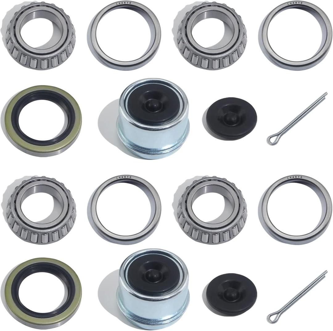 2Sets for 1-1/16'' Axle Trailer Hub Bearings Kits, L44649 / L44610 Bearings, 12192TB Grease Seals, 1.98'' Trailer Dust Caps, Rubber Seals & Cotter Pins for 2000-2200 lbs Trailer Axles