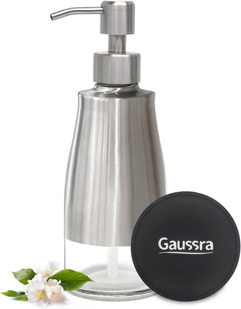 Soap Dispenser with Coaster and Stickers, Brushed Nickel Stainless Steel Case Glass Liner Hand Pump Dispenser, Refillable Liquid Hand Soap Dispenser for Bathroom & Kitchen (11OZ / 320ML)
