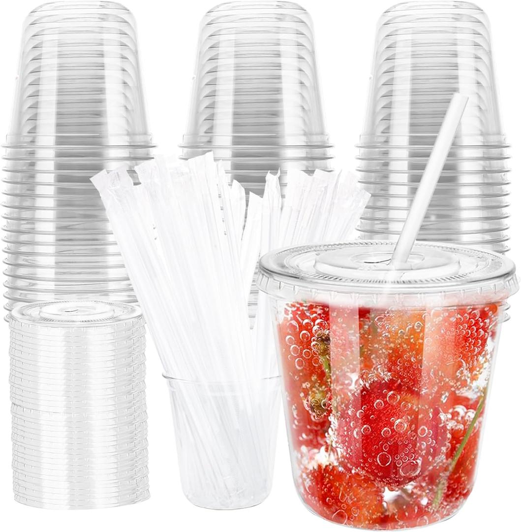 12oz Disposable Stemless Glasses with Flat Lids and Straws,PET Disposable Drinking Cups,Clear Plastic Wine Glasses for Parties Birthday,Wedding,Meeting,Christmas Party Supplies. (100, Pink)