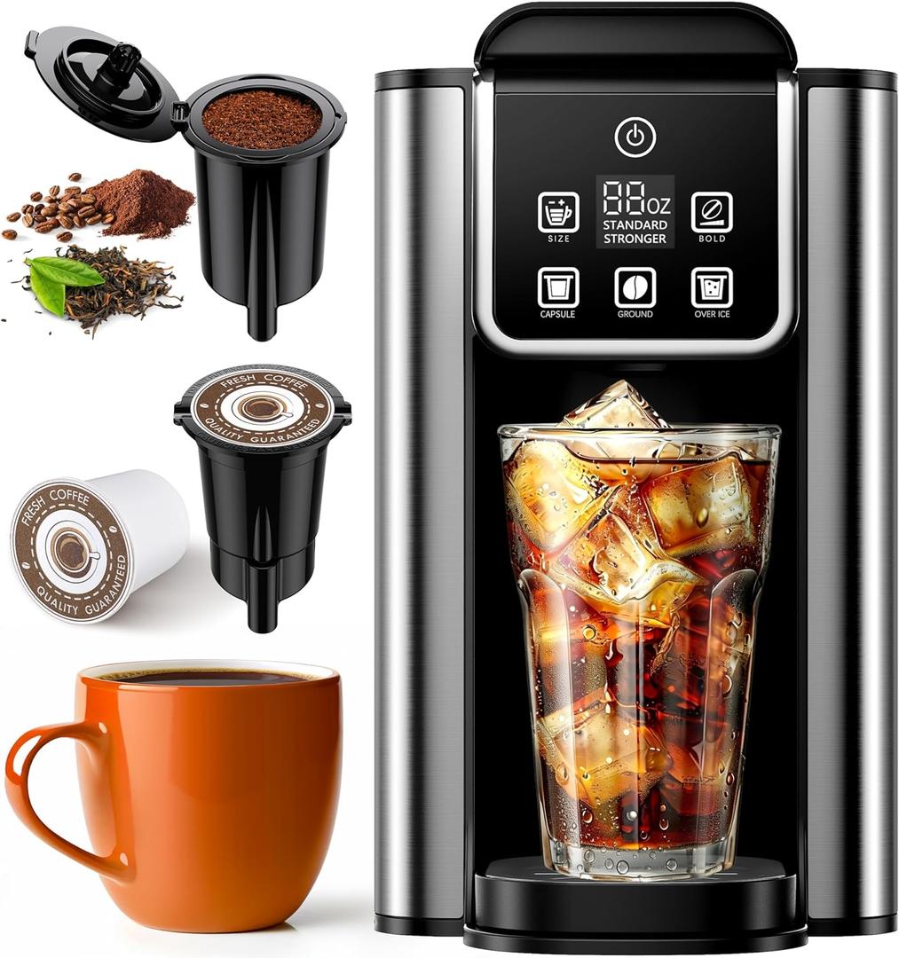 Hot & Iced Coffee Maker with Bold Setting, Single Cup Coffee Machine for K Cup Pods & Grounds, Compact for Home Office Dorm RV, 5 Cup Sizes, 50oz Tank, Fits Travel Mugs, Black