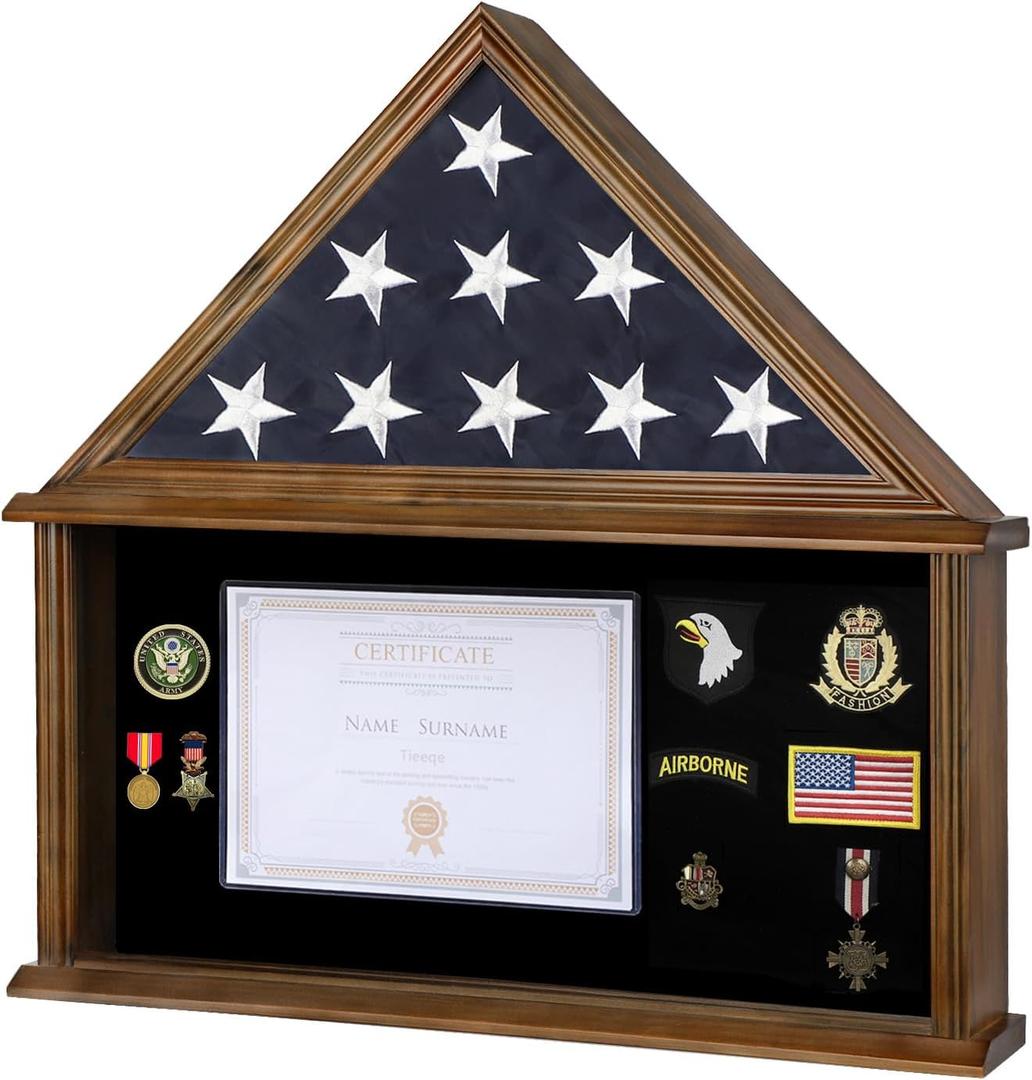 Large Military Shadow Box - Solid Wood Burial Flag Display Case for American Veteran With Certificate Holder, Walnut Finish - Fits 5'x9.5' Folded Flag