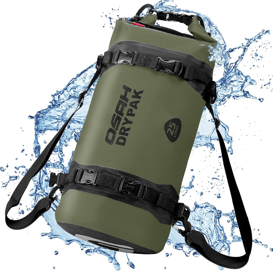 25L Waterproof Dry Bag - Motorcycle Luggage Tail Bag with Straps for Back Seat, Roll Top Lightweight Waterproof Backpack Sack for Travel, Swimming, Boating, Kayaking, Camping and Beach (Olive)