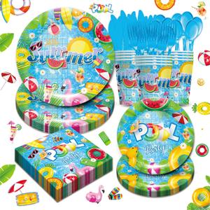 Sunmmer Swimming Pool Party Supplies Tableware Set - Tropical Beach Decorations Include Plates, Napkins, Cups, Cutlery, for Hawaiian Beach Theme Party Supplies | Serves 24