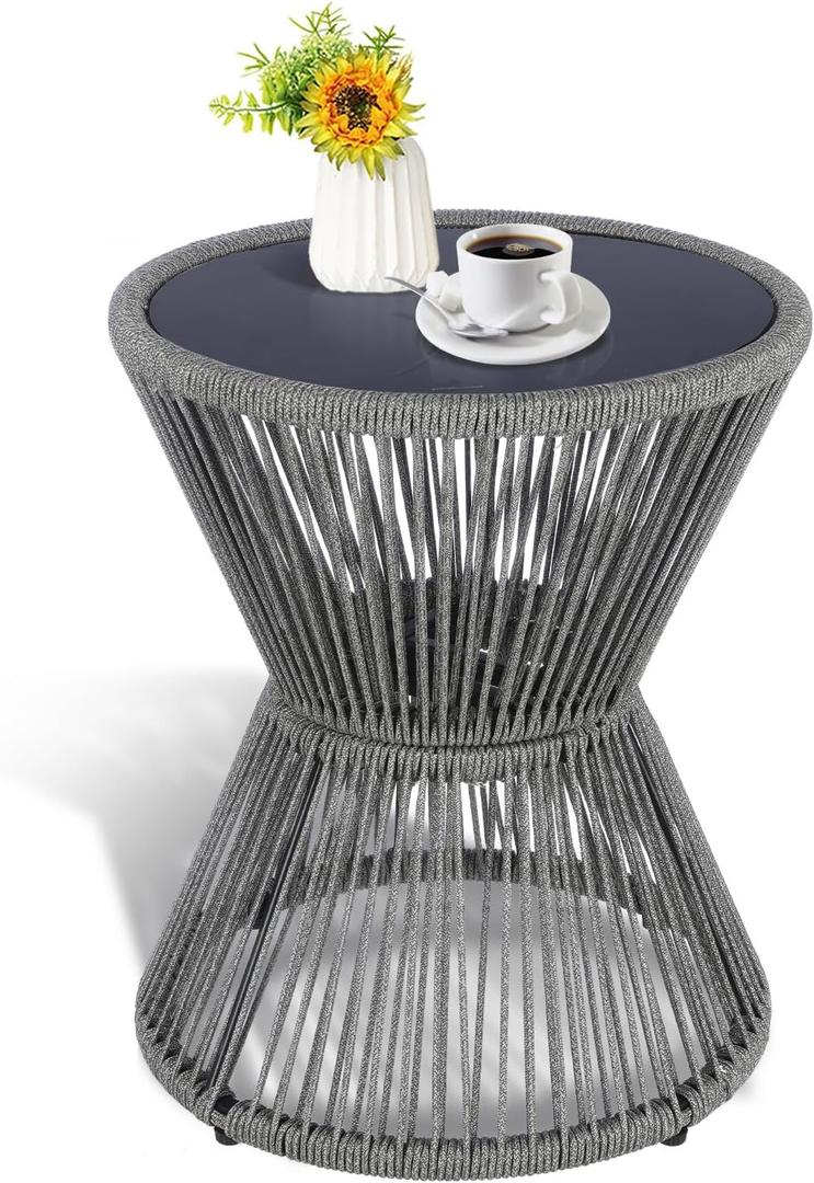 LEWIS&WAYNE Small Outdoor Side Table Patio 20 H Woven Rope Hourglass End Table with Glass Top Round Coffee Table for Living Room Outdoor Patio Backyard Poolside (Gray)