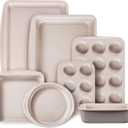 CAROTE 7-Piece Nonstick Stackable Baking Pans Set - Bakeware Sets Including Cookie Sheets for Baking, Muffin Pan, Bread Pan, Cake pan, Loaf Pan, Roasting Pan, Gray & Khaki