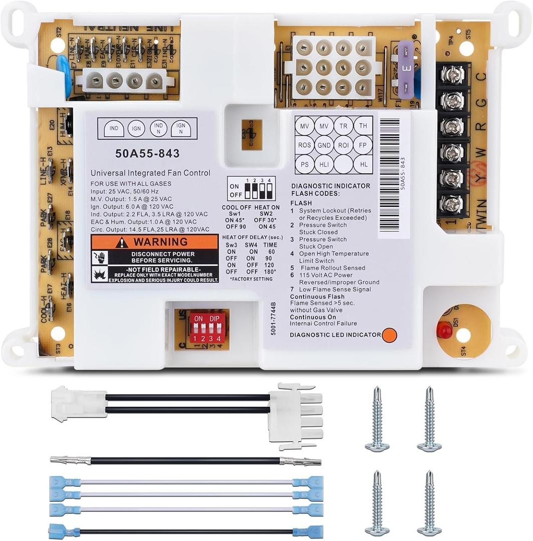 50A55-843 Integrated Furnace Control Board Compatible with White Rodgers Silicon Carbide Ignition Modules, Universal OEM Replacement with Install Accessories, 24/120 VAC