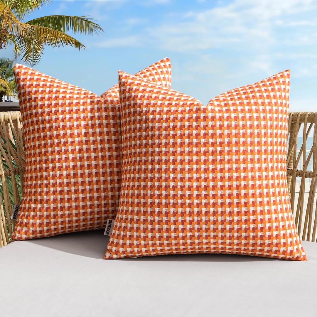 MIULEE Outdoor Texture Throw Pillow Covers Waterproof Pack of 2 Decorative Woven Farmhouse Cushion Covers for Patio Garden Balcony Porch Tent Bench Sofa, 20x20 Inch Orange