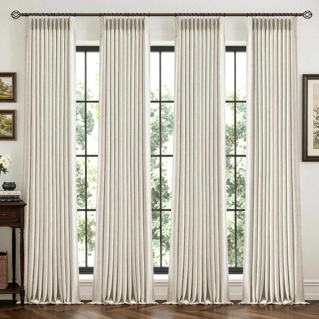 MIULEE 4 Panels Pinch Pleated 100% Blackout Linen Curtains 40"x108" Natural