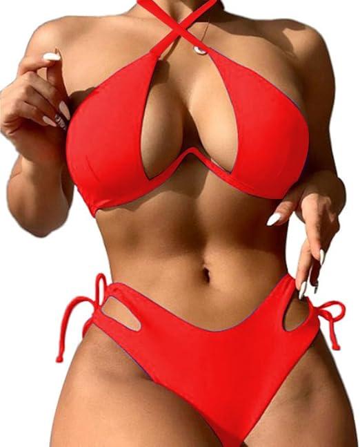 Sexy Bikini for Women Underwire Swimsuits Spaghetti Strap Swimwear Criss Cross Halter Bathing Suit 2 Piece M