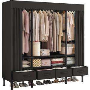 Portable Closets for Hanging Clothes,Clothes Rack with Cover,Portable Wardrobe Closet with 3 Hanging Rods, 6 Storage Shelves and 4 Drawers,55.1" L x 17.7" W x 67.7" H,Black