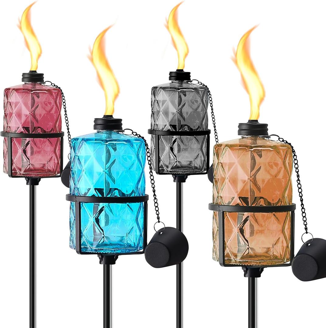 4 Pack Colorful Glass Garden Torch 12 oz Outdoor Torch Garden Dcor,60-Inch Upgraded Citronella Torches with 3-Prong Grounded Stake for Party Patio Pathway