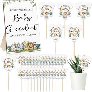 Newcotte 50 Sets Baby Shower Party Favors Succulent Tags with Wooden Table Sign - Cactus Succulent Plant Markers for Baby Shower Decoration, Gift Favors, Gender Reveal Party(Animal)