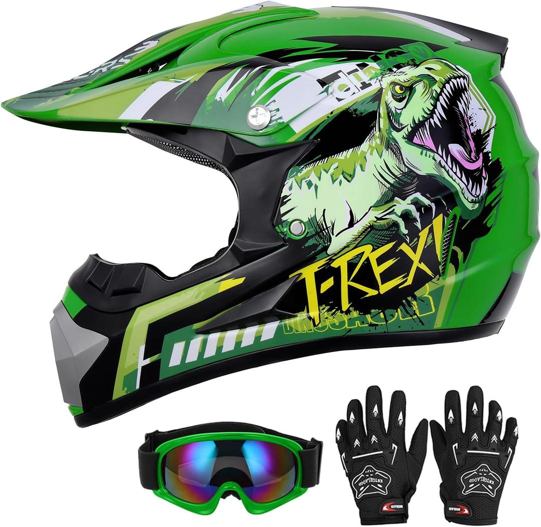 DOT Youth Dirt Bike Helmet with Goggles & Gloves for 5-14 Years Old, Kid ATV Helmets for Youth Boys Girls, Four Wheeler Helmet, Motocross BMX MX UTV Offroad Street Go Kart Dirt Bike Dinosaur, Small 