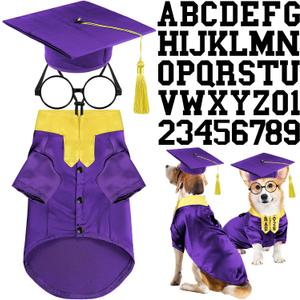 Huhumy 5 Pcs Dog Graduation Costume Set Include 2026 Pet Graduation Gown with Stole Puppy Grad Cap Lensless Glasses DIY Letter Stickers for Dogs Cats Holiday Costume Accessory(Purple Yellow,L)