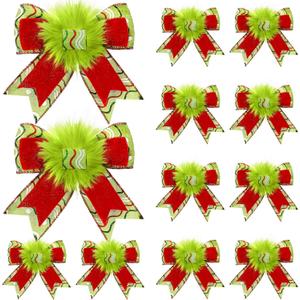 12 Pcs Red Green Christmas Bows Christmas Tree Decoration Lime Green Wreaths Velvet Bow Tree Topper with Fluffy Ornaments for Xmas Party (Classic)