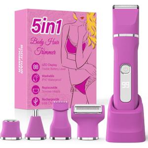 Bikini Trimmer for Women,5-in-1 Electric Razors for Women,Electric Shaver for Women's,IPX7 Waterproof Trimmer for Men Legs,with 5 Replaceable Blade Heads,USB Recharge DockRose Pink