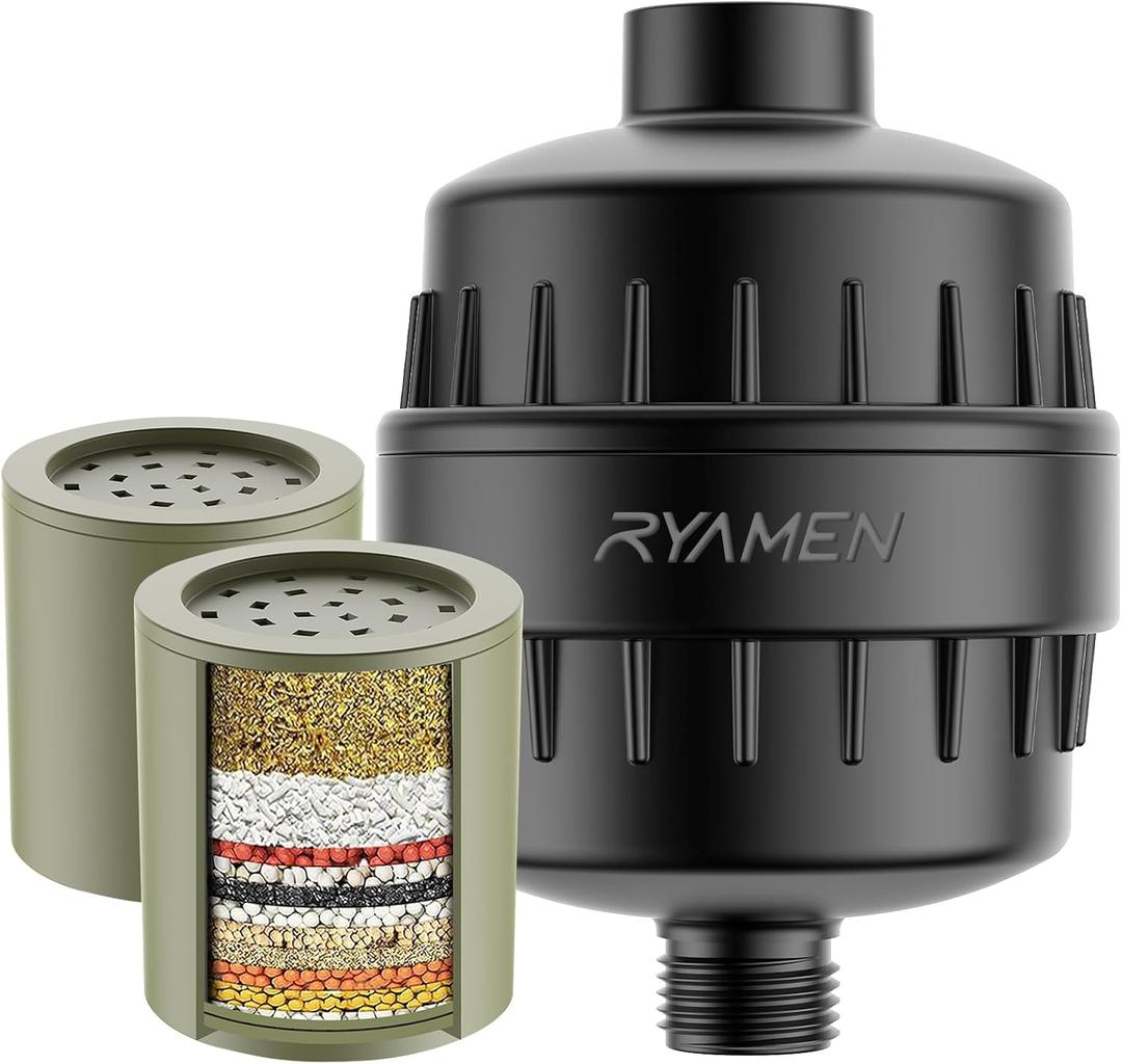 Ryamen Heavy Duty Shower Filter, Shower Water Filter, 99% REMOVAL Shower Head Filter for Hard Water, Heavy Metals, Chlorine (2 Cartridges, Black)