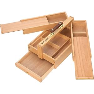MEEDEN Artist Supply Storage Box - Portable Foldable Multi-Function Beech Wood Artist Tool & Brush Storage Box with Compartments & Drawer for Pastels, Pencils, Pens, Markers, Brushes