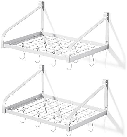 Love-KANKEI Pot Rack Wall Mounted Set of 2 Pan Pot Organizer Wall Shelves with 16 Hooks for Kitchen Cookware Utensils Organization White