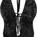 Verdusa Women's Cheetah Print Sequin Top Y2K Tie Back Corset Halter Going Out Crop Tops, S
