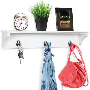 Greenco Entryway Wall Mounted Floating Shelf with Hooks, Hat and Coat Hanging Wooden Storage Shelf, 24” – White