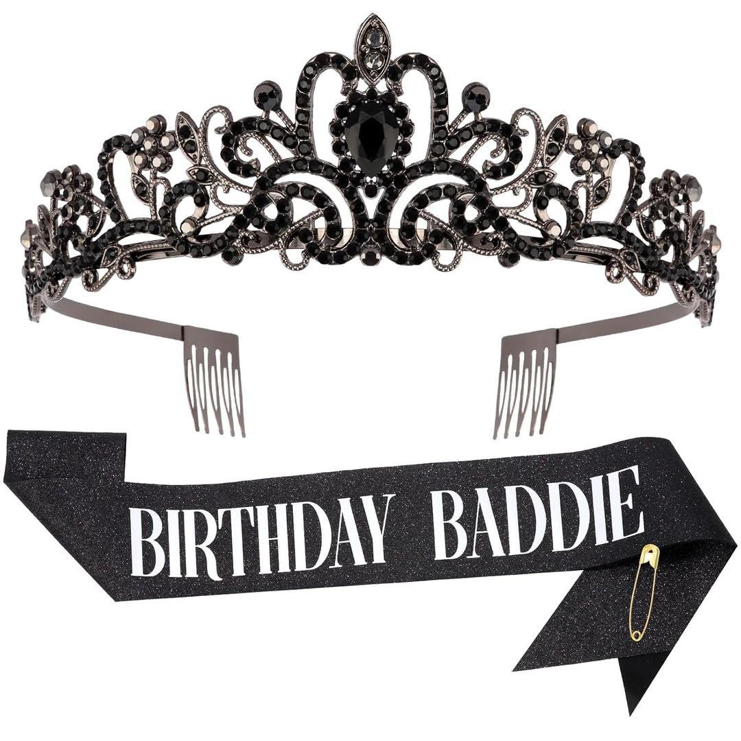 Birthday Baddie Sash and Crown for Women Girls - Black Glitter with Silver Foil Birthday Girl Sash and Crown Funny Birthday Party Favor Supplies
