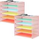 2 Pack 6 Tier Paper Organizer, Metal Mesh Desk File Folder, Letter Tray Organizer, Paper Sorter Desk Organizers for Office, Home or School File Folder Holder - Pink (Pink-2pack)
