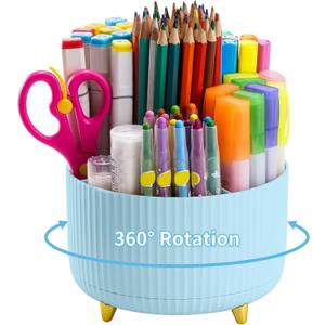 Marbrasse Desk Organizer, 360-Degree Rotating Pen Holder, Desk Organizers and Accessories with 5 Compartments Pencil Holder, Art Supply Storage Box Caddy for Office, HomeLight Blue
