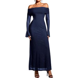 KUTUMAI Women Off Shoulder Bodycon Maxi Dress Long Sleeve Mesh Ruched Party Formal Wedding Guest Dresses (Navy, M)