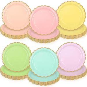 60 Pcs Pastel Paper Plates Pastel Party Supplies 9 Inch Colorful Scalloped Dessert Plates with Gold Edge Rainbow Party Decoration Tableware Set for Wedding Baby Shower Birthday Bridal Shower