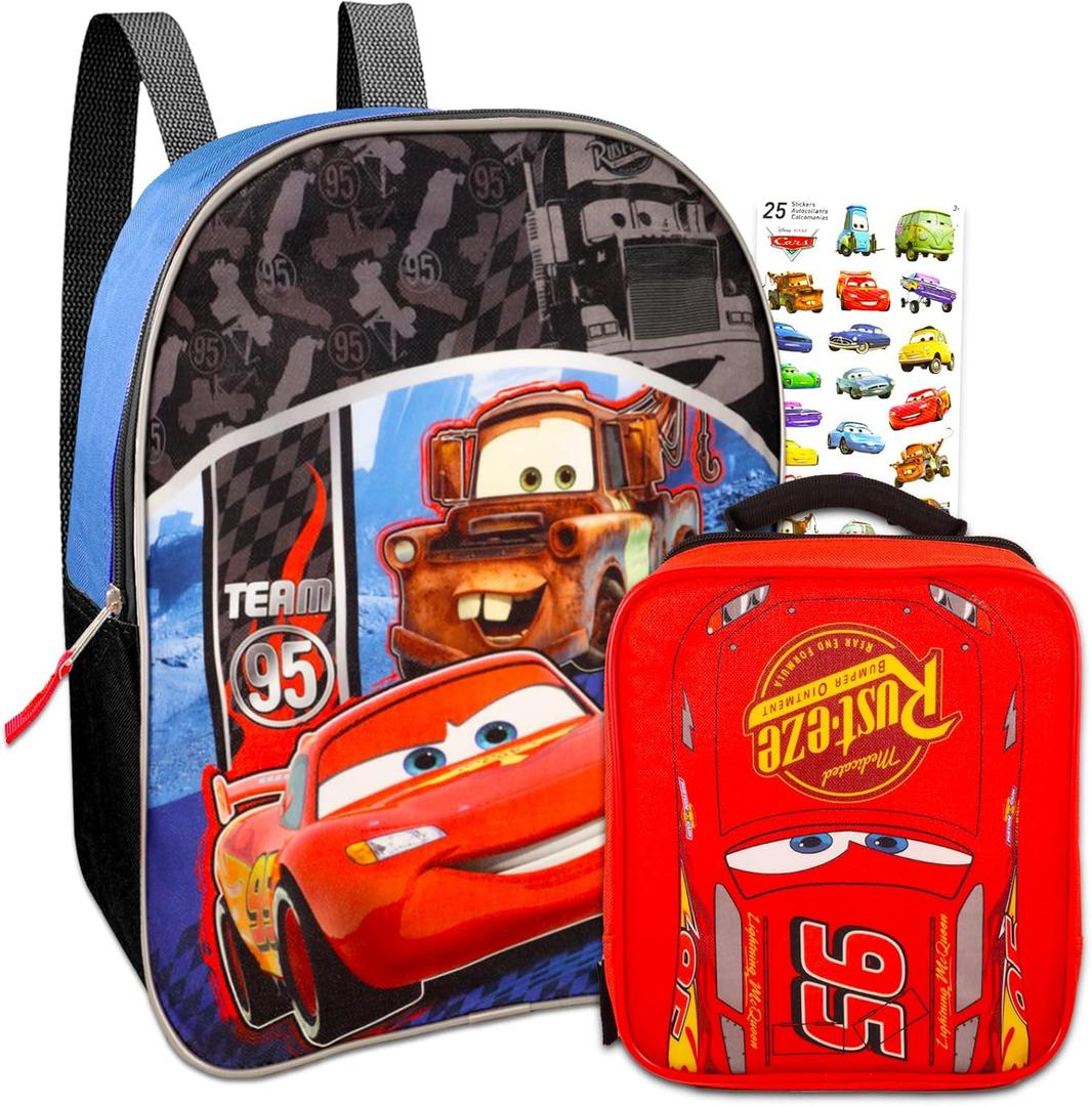 Disney Cars Mini Backpack with Lunch Box Set - Bundle with 11 Lightning McQueen Backpack, Lunch Bag, Stickers, More | Disney Cars Lunch Bag