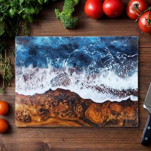 Grain Ocean Waves Glass Cutting Board 11 x 15 Inch Large Tempered Glass Cutting Chopping Board with Non-slip Feet Stylish Charcuterie Gift for Kitchen Countertop Mother's Day Housewarming, 14.9"L x 10.9"W