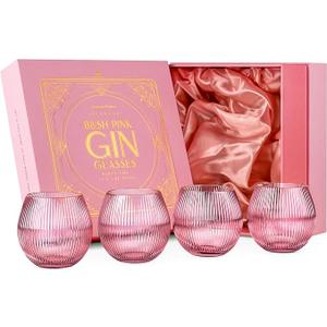 GLASSIQUE CADEAU Vintage Blush Pink Art Deco Gin and Tonic Glasses with Gold Rims | Set of 4 | 13.5 oz Stemless Crystal Balloons for Drinking Gin Cocktails | Retro Gift Goblets for Gin Lovers