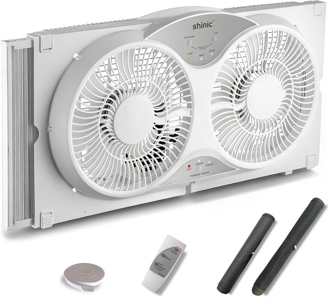 Shinic 9" Twin Window Fan with Remote, Reversible Airflow, Fits 24"-37" Window Exhaust Fan, Circulation, Cooling, Ventilation, Air Exchange, Remove Smoke for Kitchen, Bathroom, Bedroom, Pet Room