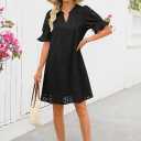 MEROKEETY Women's 2026 Summer Short Sleeve Mini Dress V Neck Ruffle Hollow Out Eyelet Lace Dresses (L)