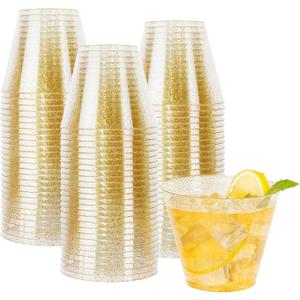I00000 100pcs Gold Plastic Cups - 9 OZ Hard Gold Glitter Disposable Cups for Cocktail And Drinking - Premium Disposable Plastic Cups with Gold Glitter for Fancy Wedding & Elegant Party Cups