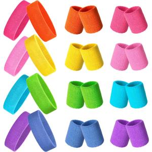24 Pieces 80s Neon Sweatbands Set, Include 8 Sports Headbands and 16 Sweat Wristbands Elastic Athletic Tennis Sweat Bands Bulk for Man Woman