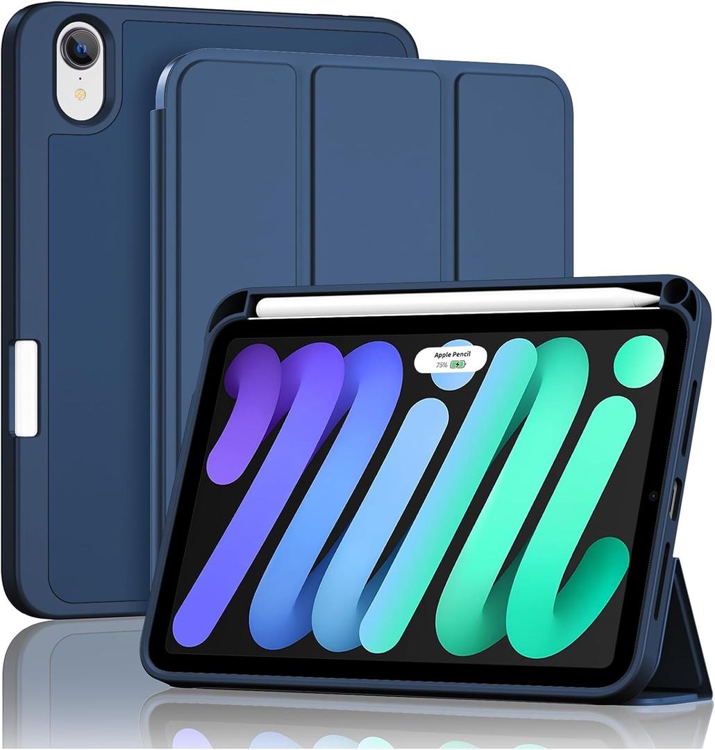 ProCase for iPad mini 7 A17 Pro 2024/iPad Mini 6 2021 8.3 Inch iPad mini 7th/6th Gen Case with Pencil Holder, Trifold Stand Smart Folio with Soft TPU Back Cover for iPad mini 8.3" 7th/6th -Darkblue