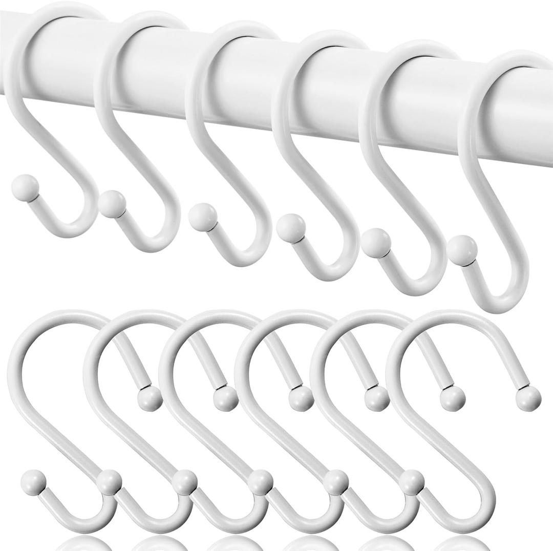 Shower Curtain Hooks, Metal Shower Hooks for Shower Curtain Rod, Rust Proof Metal Shower Curtain Rings, S Hook Set of 12,White.