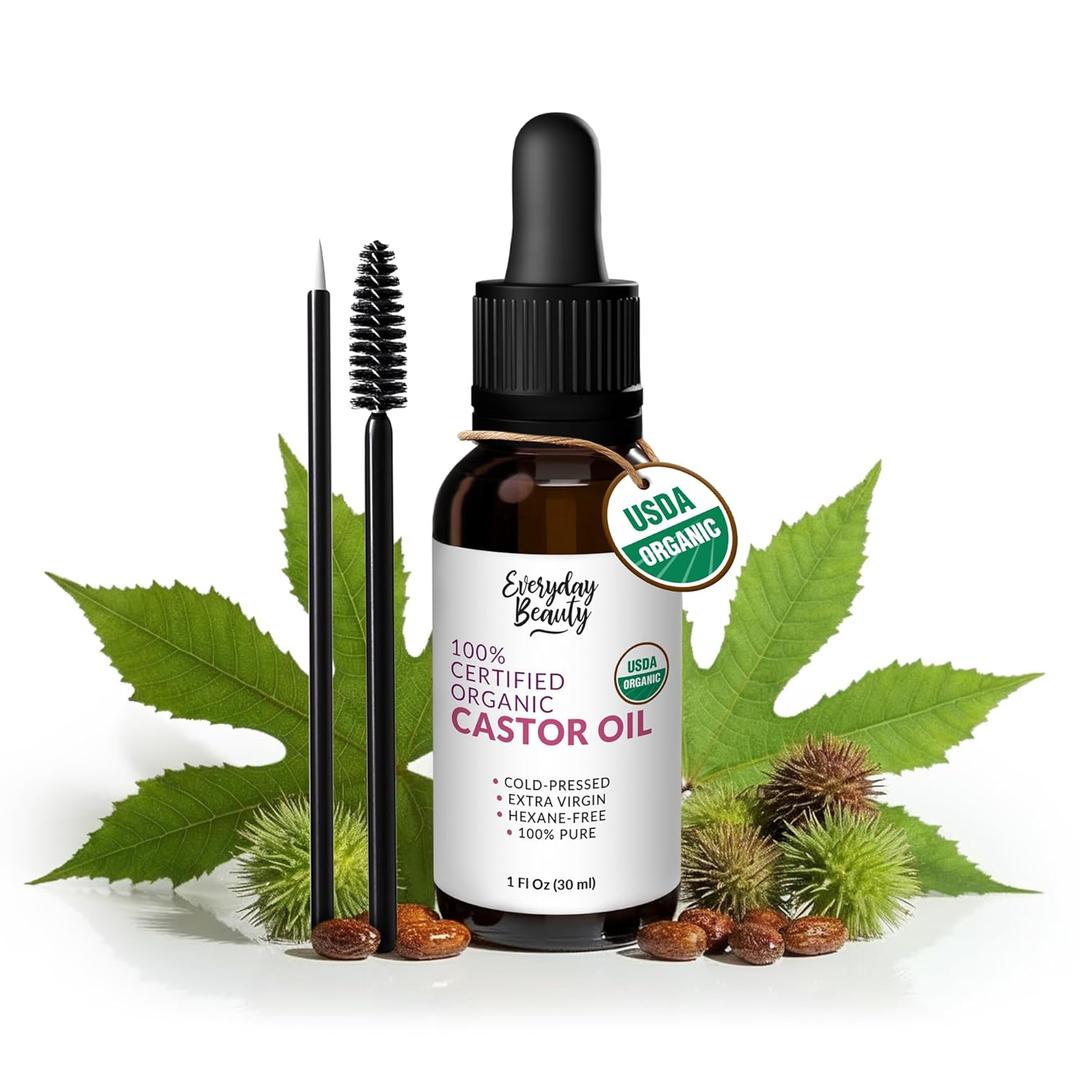 Organic Castor Oil - 100% Pure Certified USDA Organic, Cold Pressed & Hexane-Free, For Eyelashes, Eyebrows, Hair, Skin & Wellness Packs -1oz Glass Bottle & Dropper