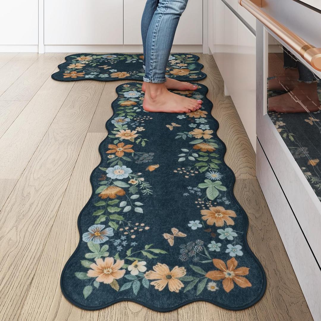 LEEVAN Kitchen Rugs Non Slip Sets of 2,Navy Blue Soft Washable Modern Floral Kitchen Mat for Floor,Indoor Low Pile Rug for Kitchen,Laundry,Bathroom,Office(24''x36''+24''x51'')