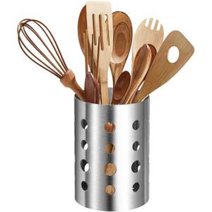 uxcell Kitchen Utensil Holder, 3.9x5.5 Stainless Steel Utensil Cutlery Holder Round Flatware Organizer with Drain Hole for Kitchen Restaurant Countertop Straw, Spoon, Chopstick, Silver