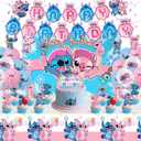 Stitch Party Supplies, Birthday Party Decorations Set Include Banner, Backdrop, Balloons, Hanging Swirls, Cake Cupcake Toppers, Tablecloth for Boys Girls Stitch Angel Party Decorations